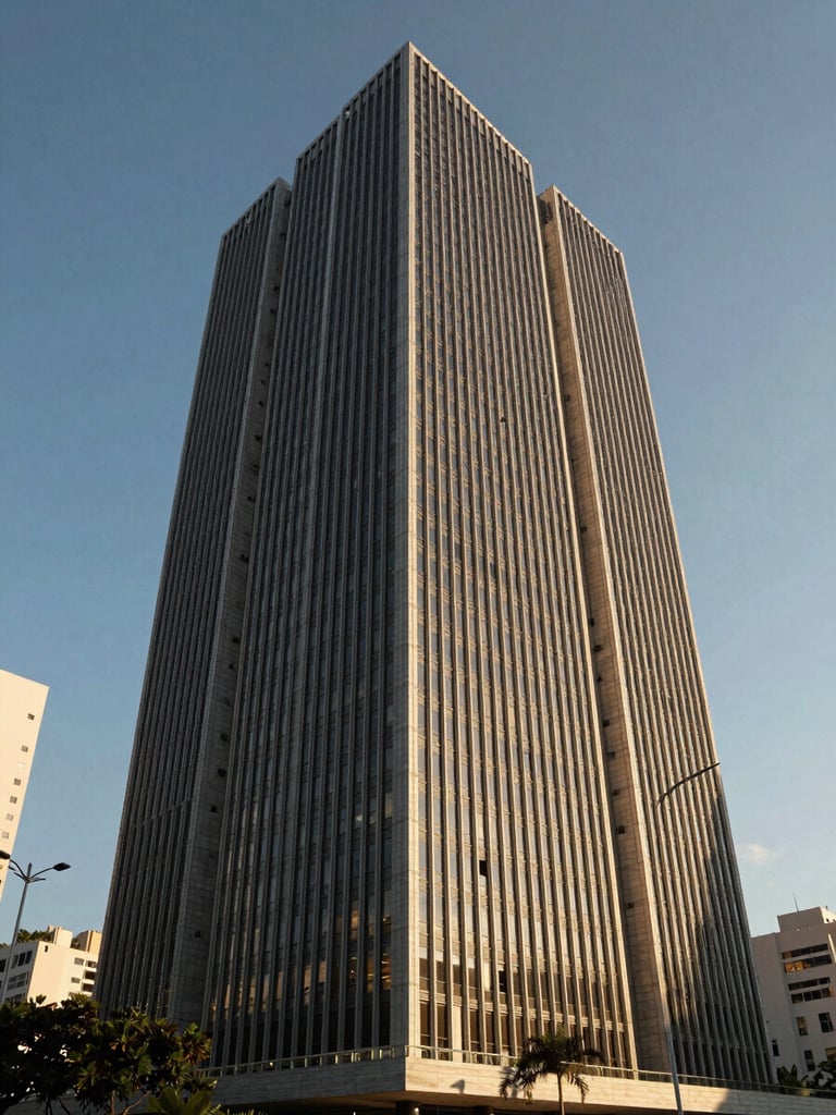 Vista arquitetônica abstrata de um edifício corporativo moderno em São Paulo, linhas geométricas limpas, sombras marcadas de fim de tarde, luz difusa.