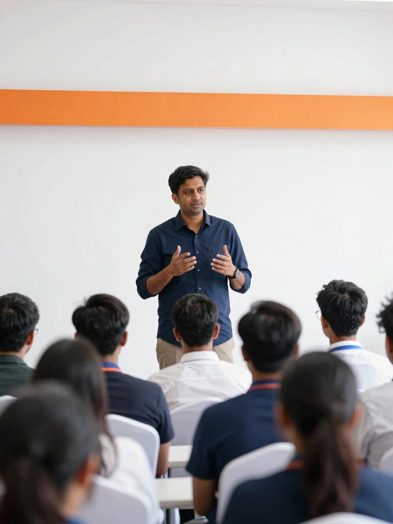 Vinod Ganesh Mayane speaking at a conference, engaging with an audience, bright professional studio lighting, shallow depth of field, wide shot, clean editorial photography