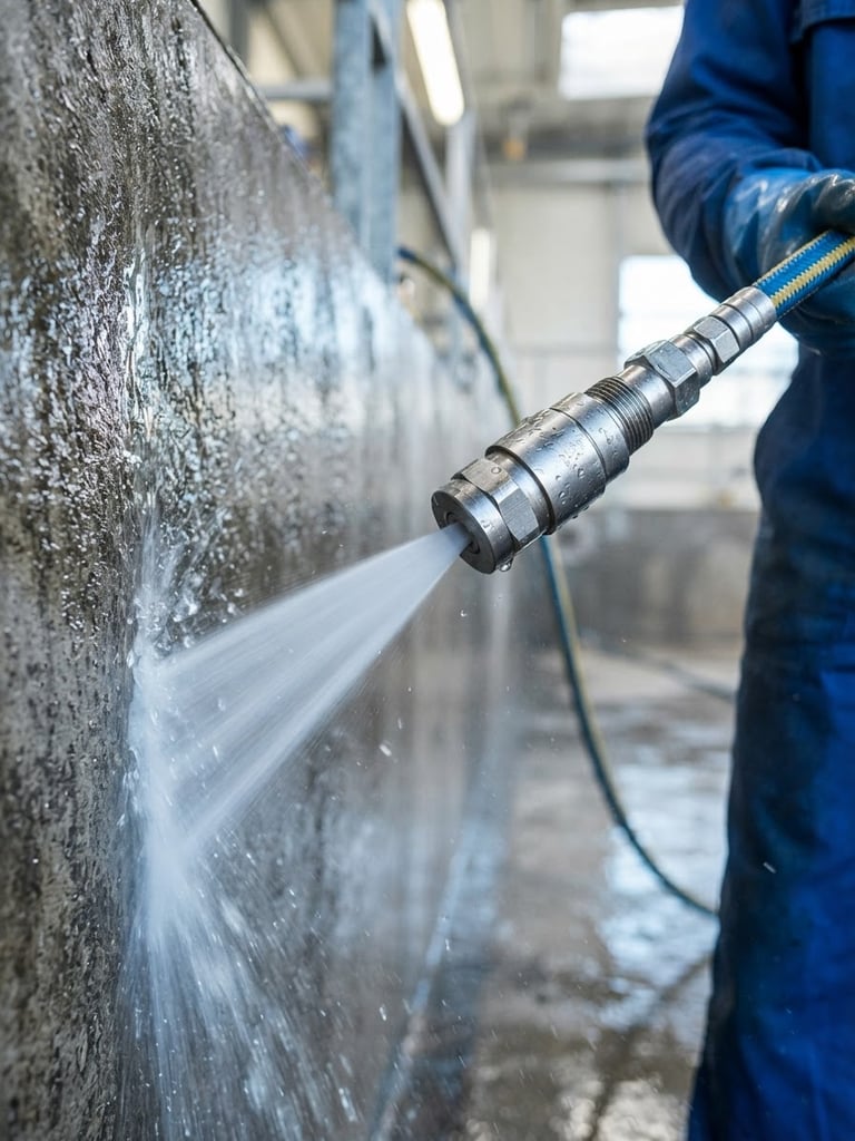 Close-up of a high-pressure hydro-jetting nozzle spraying clean water, bright industrial lighting, professional equipment.