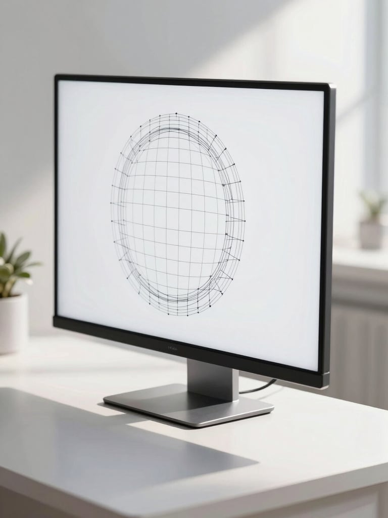 Bright, clinical, natural daylight with high contrast and sharp shadows. Macro shot of a clean, high-resolution wireframe on a modern physical screen, empty premium workspace in the background.