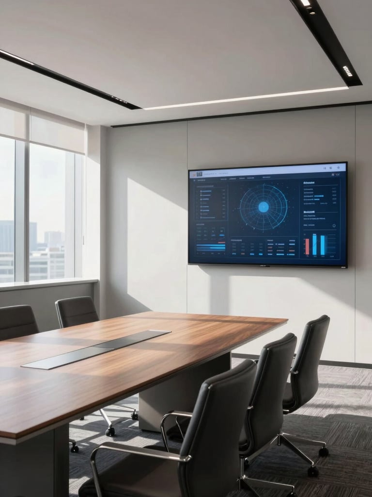 Bright, clinical, natural daylight with sharp shadows. Empty, premium corporate meeting room with structured architectural lines and a large physical display showing a digital interface.