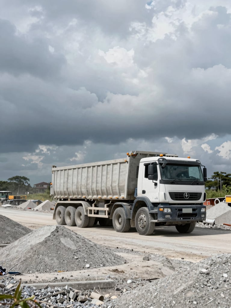 Wide-angle shot of a heavy transport truck loaded with concrete aggregates driving through an active Indonesian infrastructure site, cloudy dramatic sky, 35mm