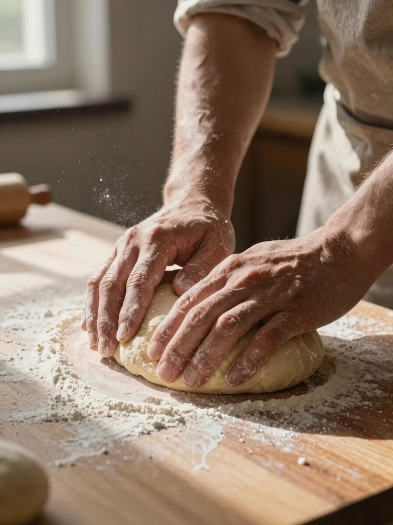 Extreme close-up of weathered hands pressing into fresh dough on a floured wooden counter, natural window light raking across the surface from the left, flour dust visible mid-air, forearms and the edge of a linen apron just in frame