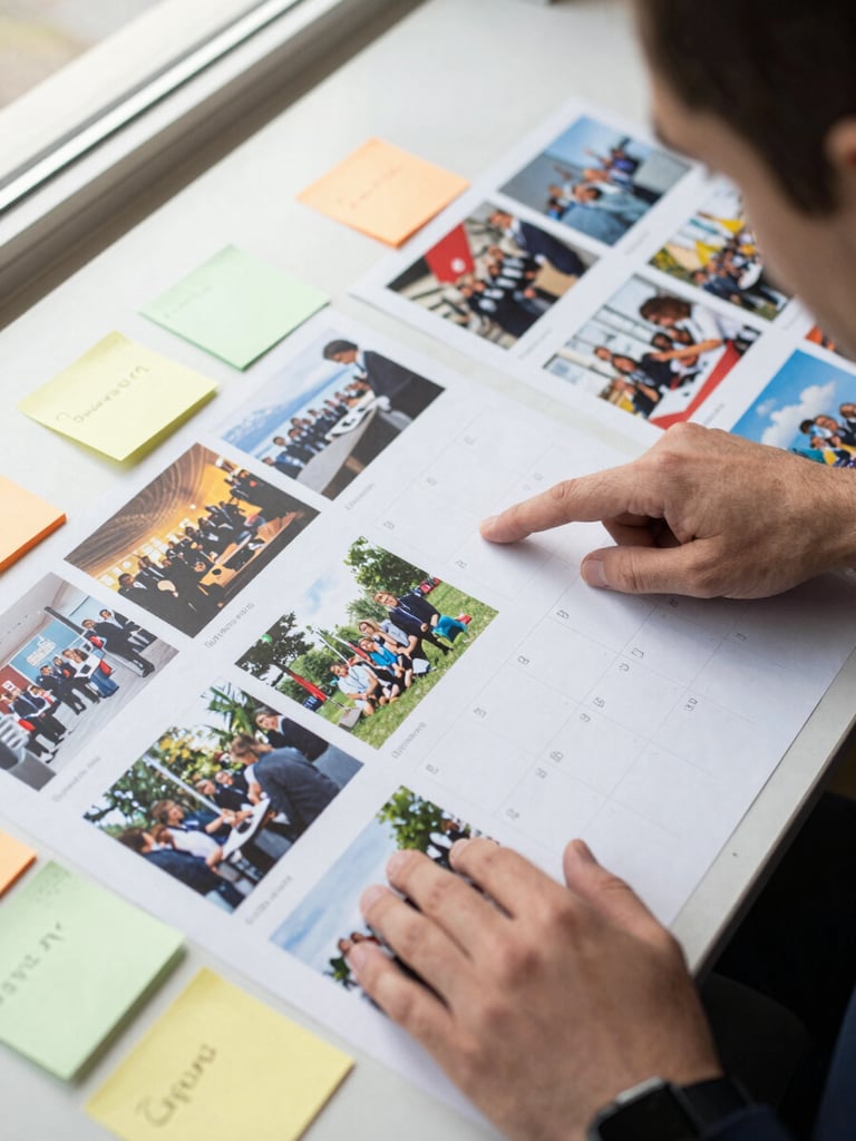 Agency team member reviewing a printed seasonal content calendar spread flat on a table covered in sticky notes and market photos, overhead natural window light, hands pointing at a date, documentary framing from above