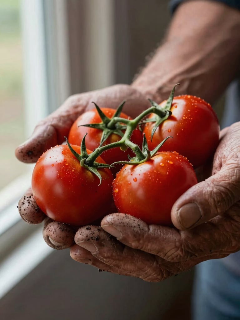 Extreme close-up of a farmer's weathered hands holding a cluster of just-harvested cherry tomatoes, natural window light from the left, soil still visible on the knuckles, deep crimson of the tomatoes against dark earth-toned skin
