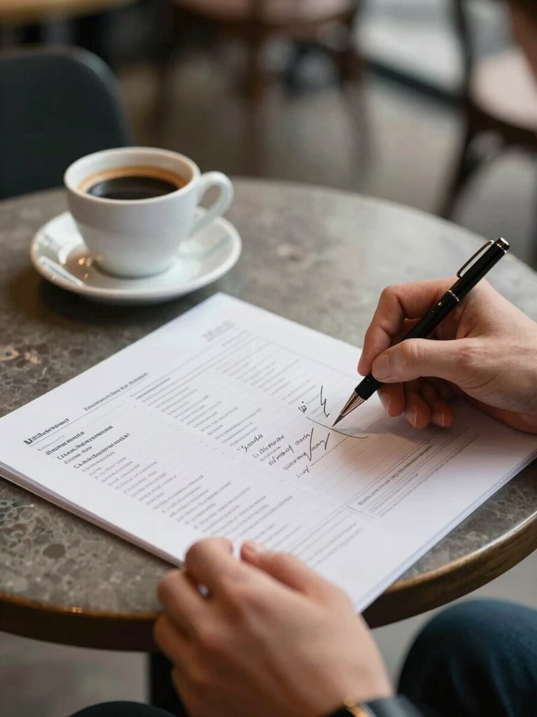 Close-up of two hands across a small cafe table reviewing a printed monthly report with hand-annotated margin notes, a ceramic espresso cup to one side, soft diffused daylight, warm tones