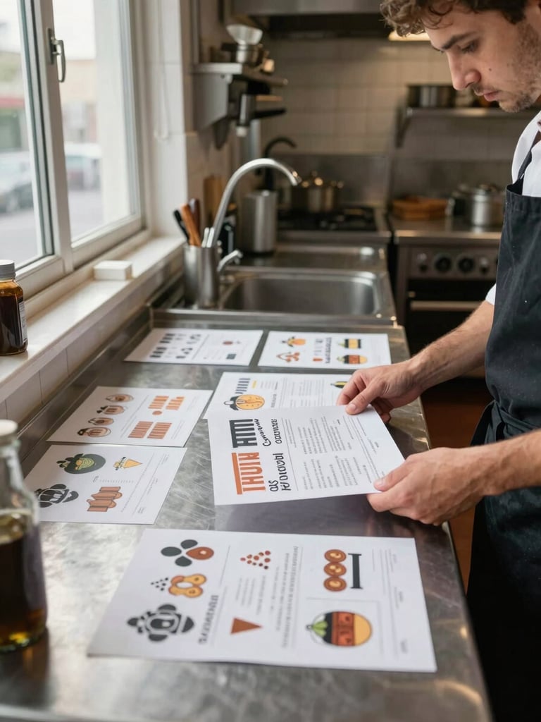 Wide environmental shot inside a small restaurant kitchen during quiet prep hour: a Pomodoro team member reviews printed content mockups spread across a stainless prep counter, natural light coming through a side window, chef's tools visible in the background