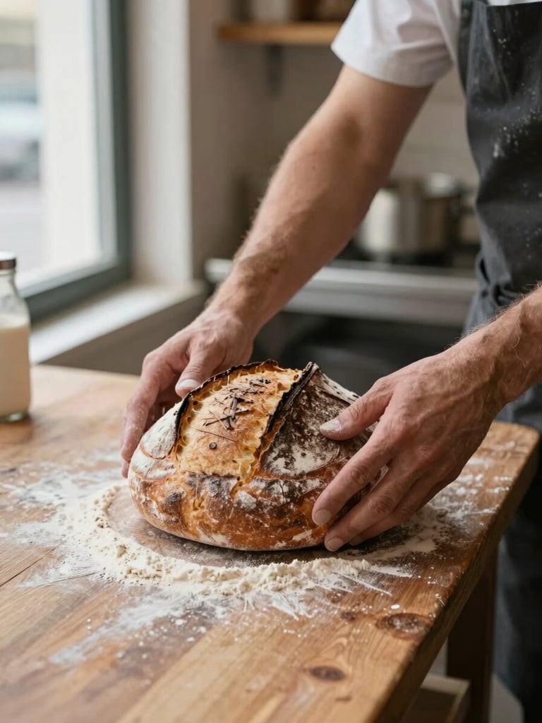 Close-up of a baker's hands placing a sourdough loaf on a worn wooden counter inside a small café kitchen, flour dusted surface, soft diffused daylight from a window to the left, warm tones, no text or signage visible