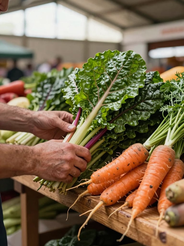 Close-up left-bleed shot inside a covered food market hall: a vendor's hands arranging bundles of rainbow chard and heritage carrots on a wooden trestle table, soft north-facing daylight spilling through clerestory windows, warm straw and deep green tones, shallow depth of field, produce textures sharp in the foreground