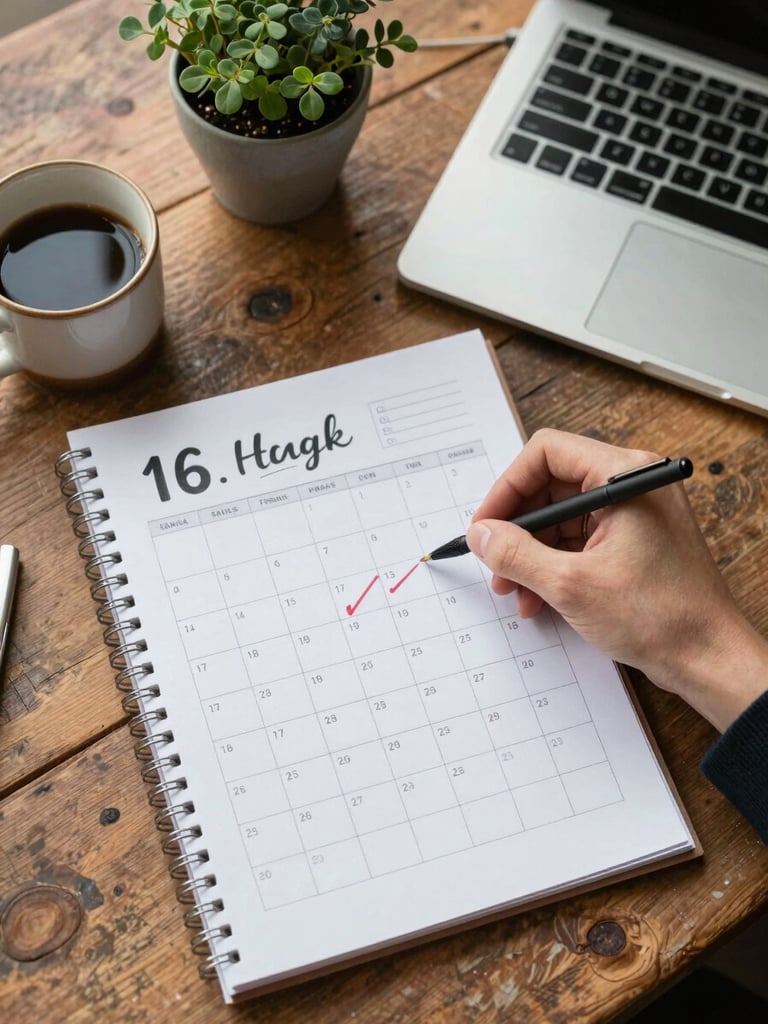 Close overhead flatlay of a content planning session on a worn wooden desk — a hand-drawn editorial calendar, a ceramic coffee cup, and a small potted herb beside a laptop, north-facing daylight, no flash