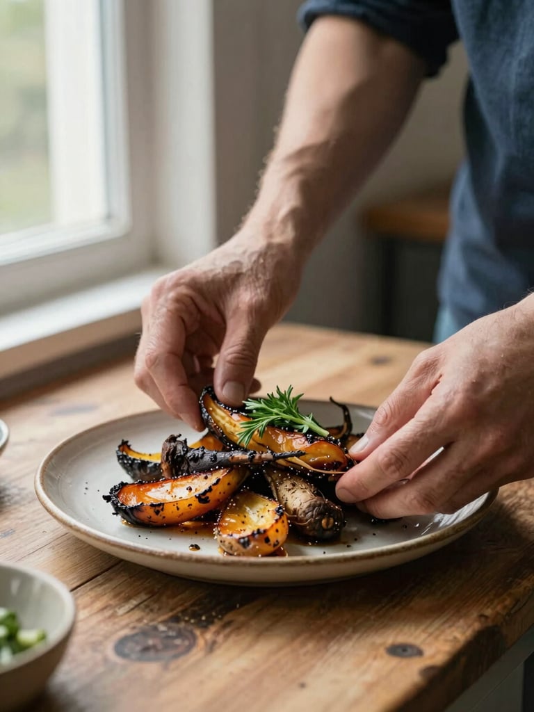 Close-up of hands arranging a rustic ceramic plate with roasted root vegetables and fresh herbs, soft north-facing window light from the left, worn wooden kitchen surface visible, no strobe