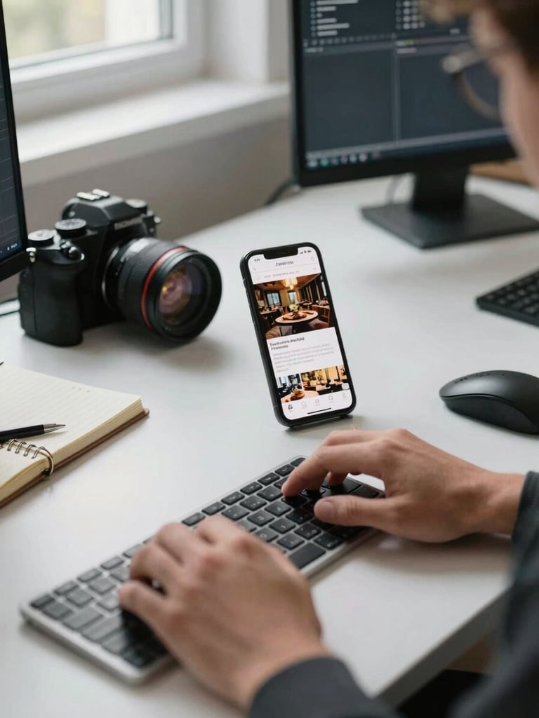 Agency workspace moment — an editor's hands on a keyboard, a phone propped showing a restaurant's Instagram feed, camera equipment resting on the desk beside a notebook, soft daylight from a side window, editorial and unposed