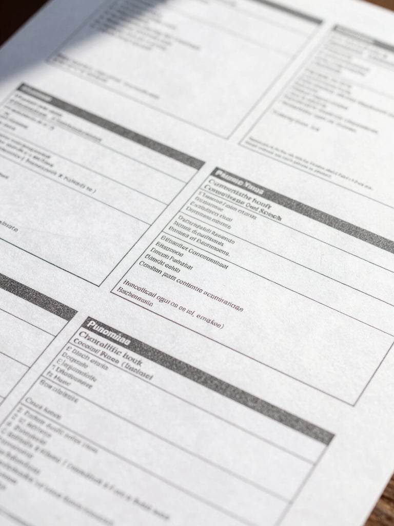 Close-up bird's-eye view of customs documentation on a flat surface, shipping labels and compliance forms arranged in precise rows, north-facing daylight, clean white background, no people