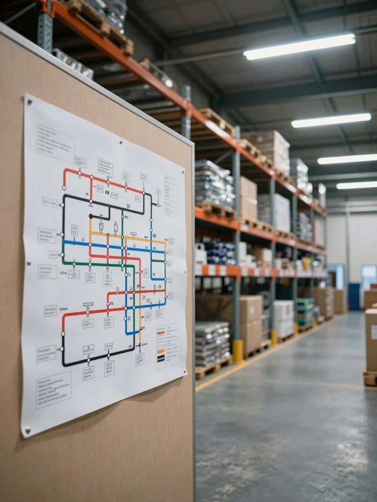 Wide panoramic interior of a well-organised warehouse operations room, routing maps pinned to a wall board on the left third, shelving and pallets receding right, cool overhead fluorescent lighting, no people, operational clarity
