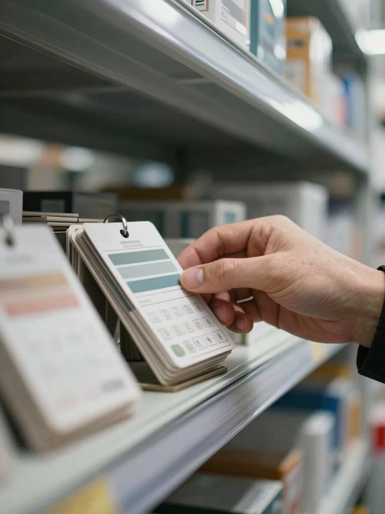 Close-up of a hand inspecting product samples on a warehouse shelf under clean overhead daylight, goods in focus, operational context visible in soft background