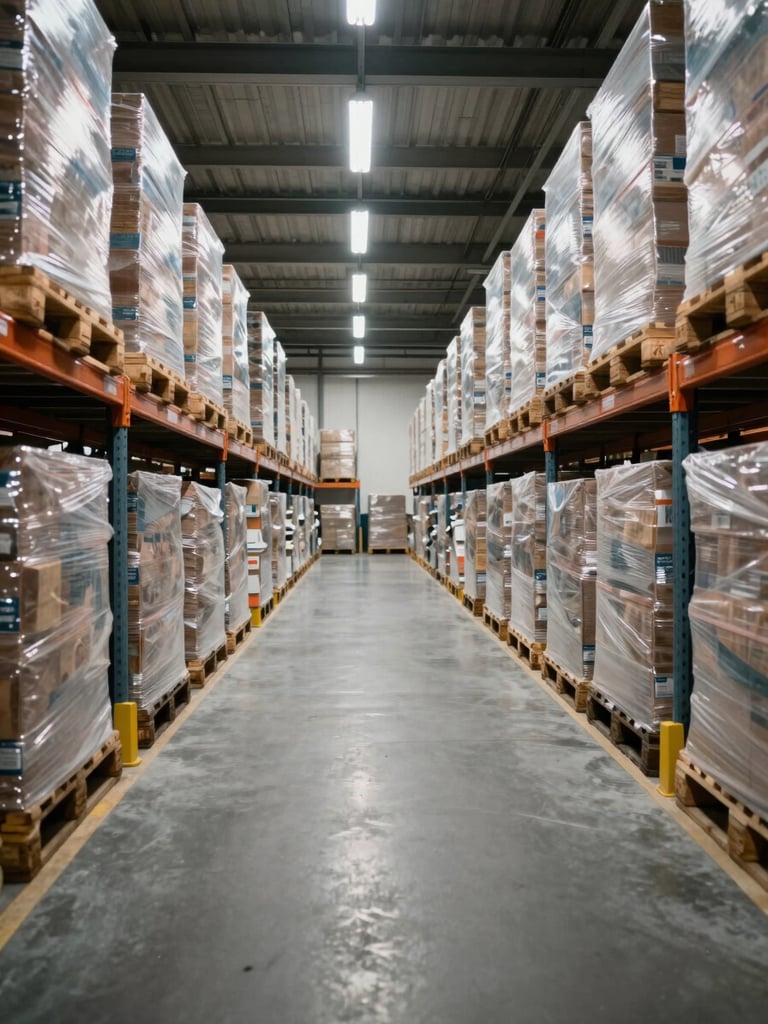 Wide interior of a French logistics warehouse, floor-level perspective looking down a long aisle of palletized goods under overhead fluorescent daylight, clean and shadowless, precise sight lines, no people