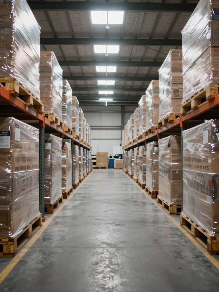 Wide warehouse interior shot from floor level, rows of palletized freight stacked high under industrial north-facing skylights, clean overhead daylight, no people, sight lines receding into depth