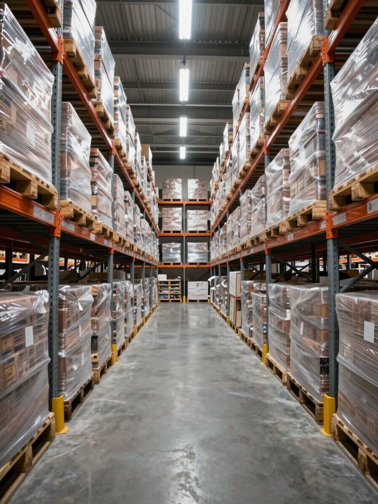 Wide panoramic view inside a large distribution warehouse, tall metal shelving receding into the distance under cold north-facing overhead lighting, neat rows of palletized goods wrapped in stretch film, no people, clean concrete floor, operational precision