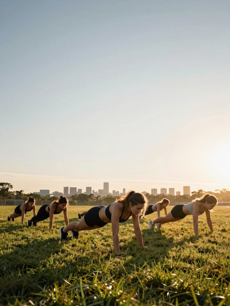 Wide environmental shot of a small group of women doing burpees on a grass field at dawn, city skyline faint in the background, golden hour light low and raking from the right, shot from ground level showing wet grass in foreground