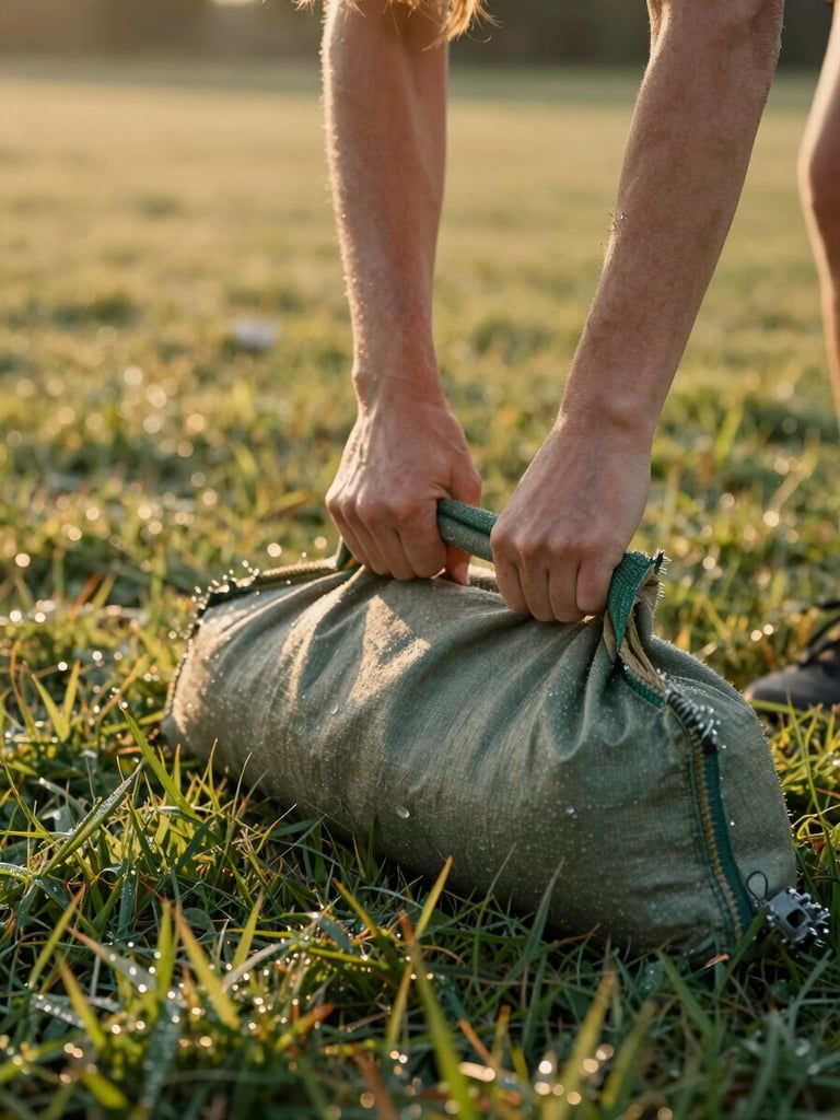Close documentary frame of a woman's hands gripping a sandbag handle on dewy grass at early morning, knuckles visible, cool golden light raking across the ground from the left, no faces