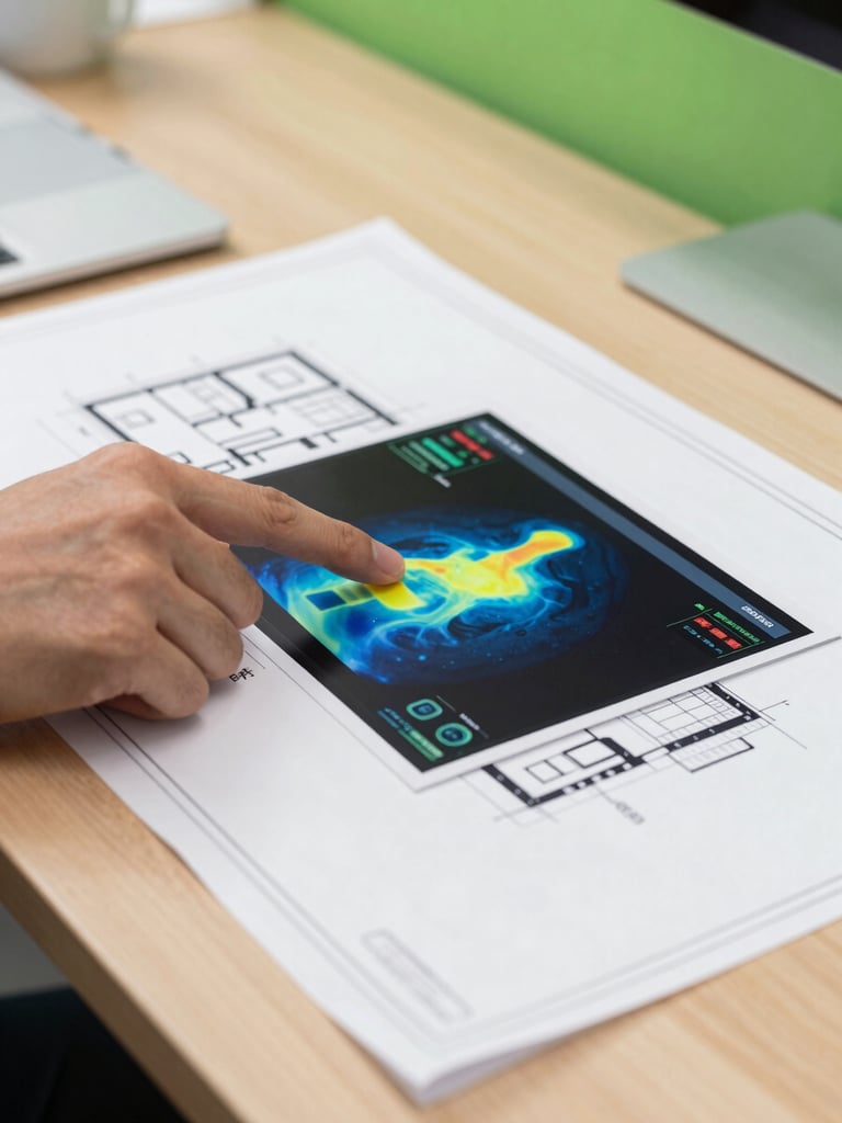 Close-up of a hand analyzing thermal imaging data and architectural blueprints on a modern wooden desk, bright natural daylight, sharp focus, professional.