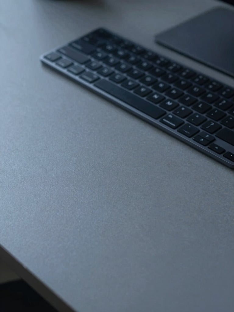 A clean, empty, organized workspace with a modern keyboard on a slate-gray desk, cool diffused daylight, low contrast, desaturated navy tones.