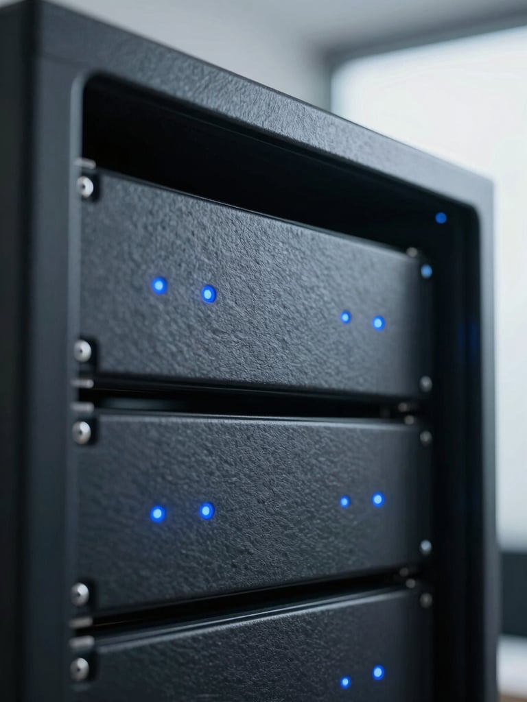 Macro shot of a sleek, dark slate server rack with tiny, calm blue status lights, cool diffused office daylight, desaturated navy tones, clean focus.