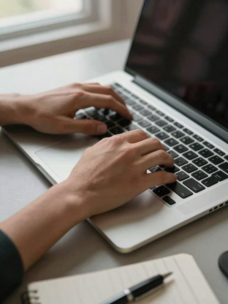 Close-up wide shot of two hands resting on a laptop keyboard, viewed from slightly above, diffused natural window light from the left, a ruled notebook and pen partially visible at the bottom edge of the frame, muted desk surface