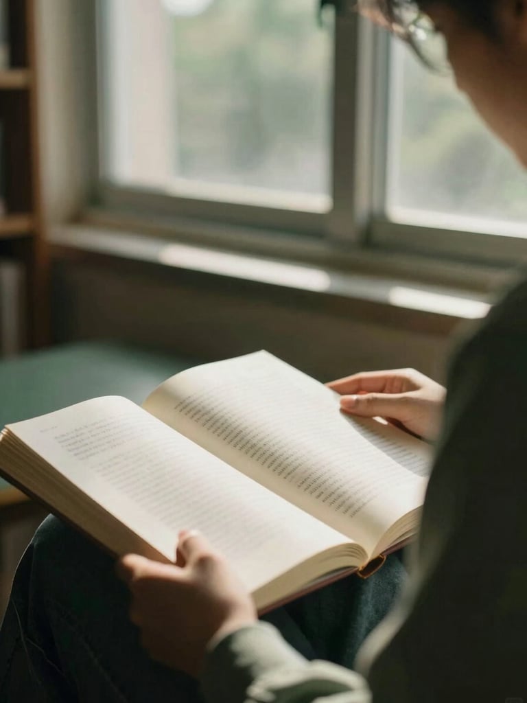 A close-up of a student in a sunlit library focusing on an open book, soft warm light, muted forest green tones, 35mm