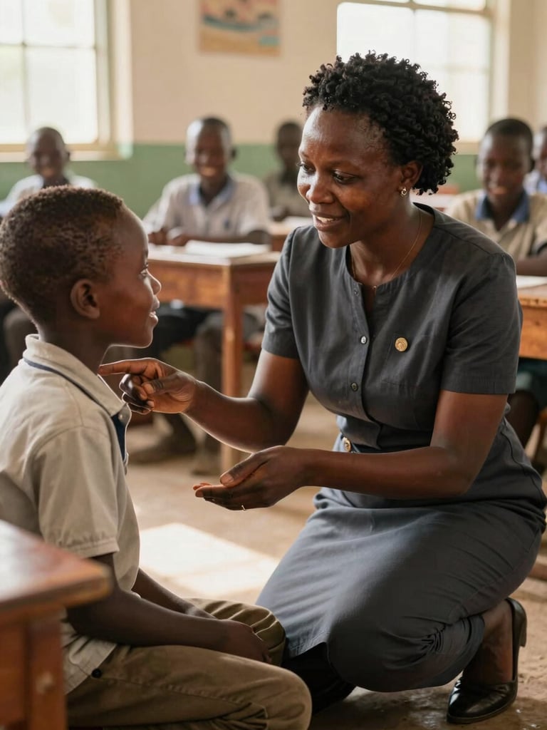 A dedicated Ugandan teacher kneeling down to speak to a smiling primary student at eye level in a bright, sunlit classroom, warm natural daylight.