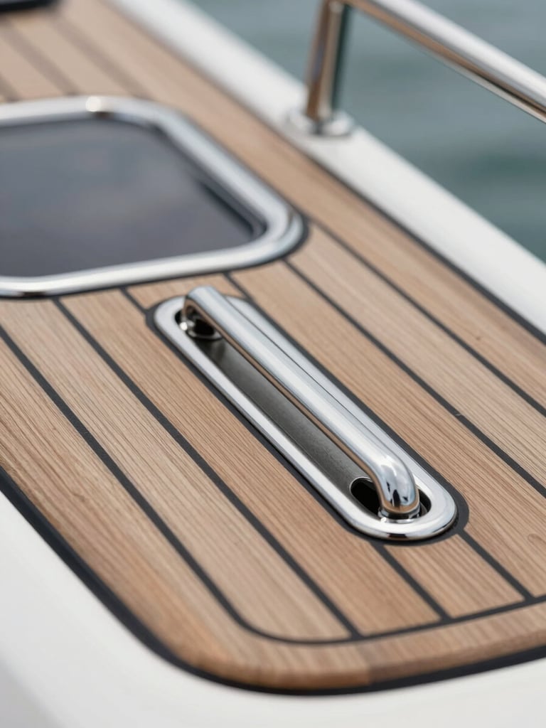 Extreme close-up macro shot of a custom yacht's teak deck detailing, natural overcast light reflecting off polished stainless steel hardware, clean lines, high-end craftsmanship focus.