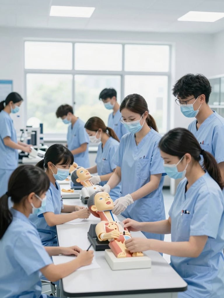 Diverse nursing students in clean uniforms practicing clinical procedures on advanced anatomical models in a brightly lit, modern skills lab, professional indoor studio lighting, crisp cool tones, medium-format lens.