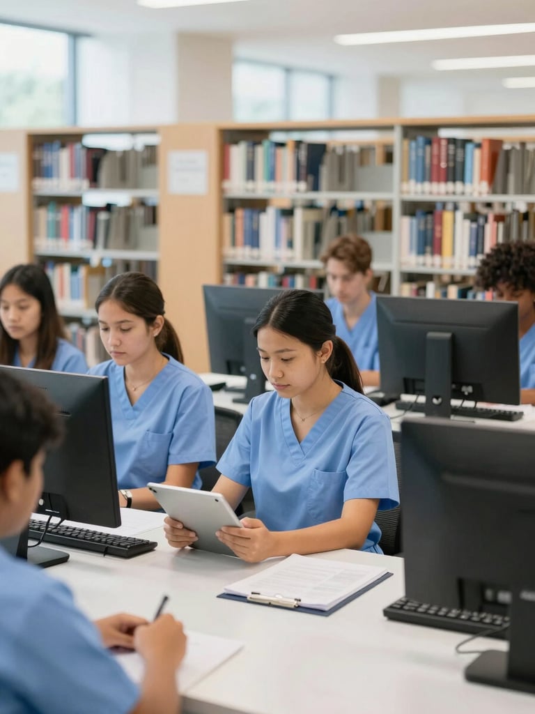 Diverse nursing student using a tablet in a modern, brightly lit digital library, surrounded by shelves of books and computers, clean editorial photography, bright natural daylight, crisp cool tones, medium-format lens.