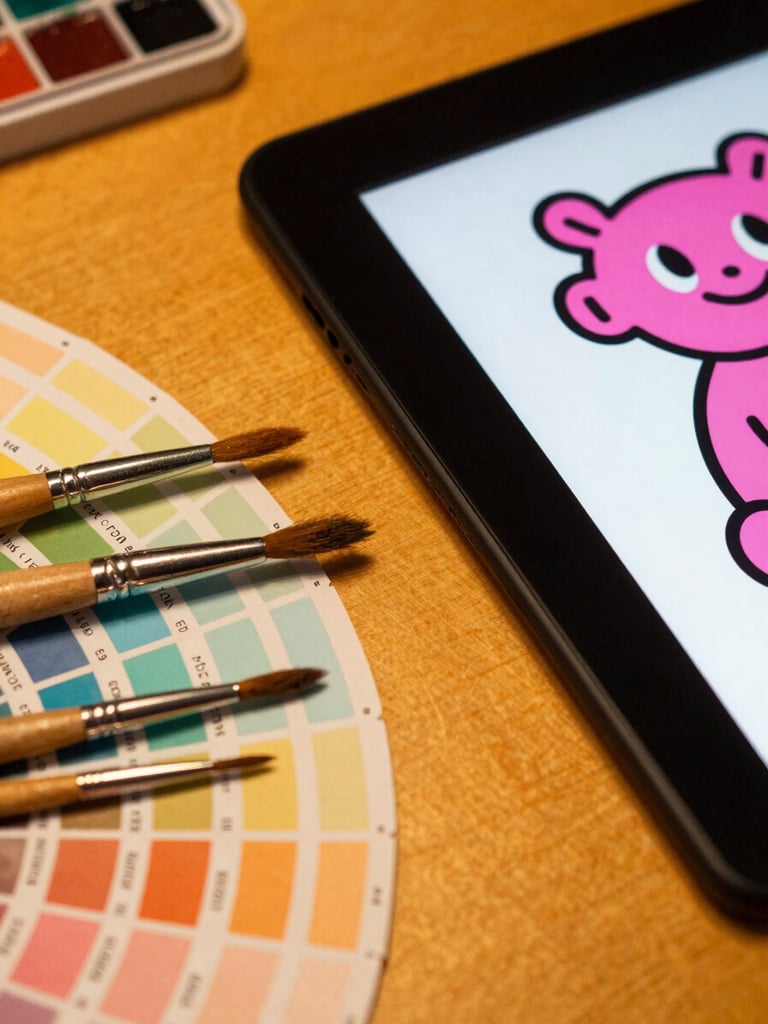 Macro photograph of a designer's desk with paintbrushes, Pantone color chips, and a high-end drawing tablet displaying a vibrant pink character design, warm ambient lighting