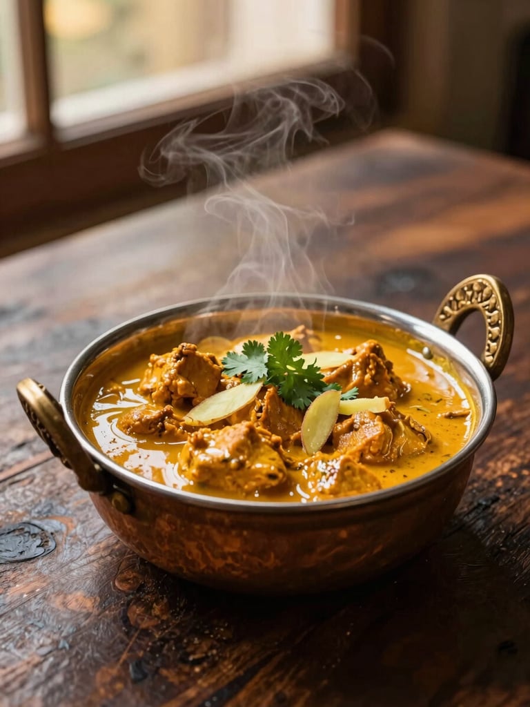 Steaming copper bowl of rich butter chicken curry, garnished with fresh cilantro and ginger juliennes, dark rustic wooden table, warm low-contrast evening light