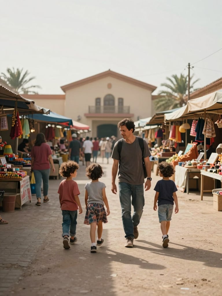 Wide environmental shot, soft natural daylight, a father and three children exploring a colorful open-air market, genuine mid-walk interaction, destination architecture visible in background — lived-in, safe-looking public space, warm ambient tones