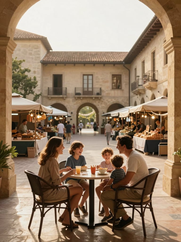 Wide environmental shot, soft golden afternoon light through open hotel courtyard, a family of four — parents and two children — seated around a small table mid-laugh, local market stalls visible in the background, warm stone architecture, genuine unposed interaction, no direct gaze at camera
