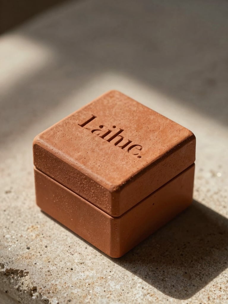 Close-up of a textured terracotta perfume box with blind-debossed serif typography, resting on raw sandstone under soft afternoon sunlight.
