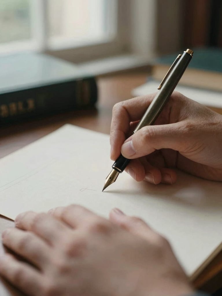 Close-up of hands writing with a vintage fountain pen on textured paper, soft natural light, warm scholarly library atmosphere, 35mm film