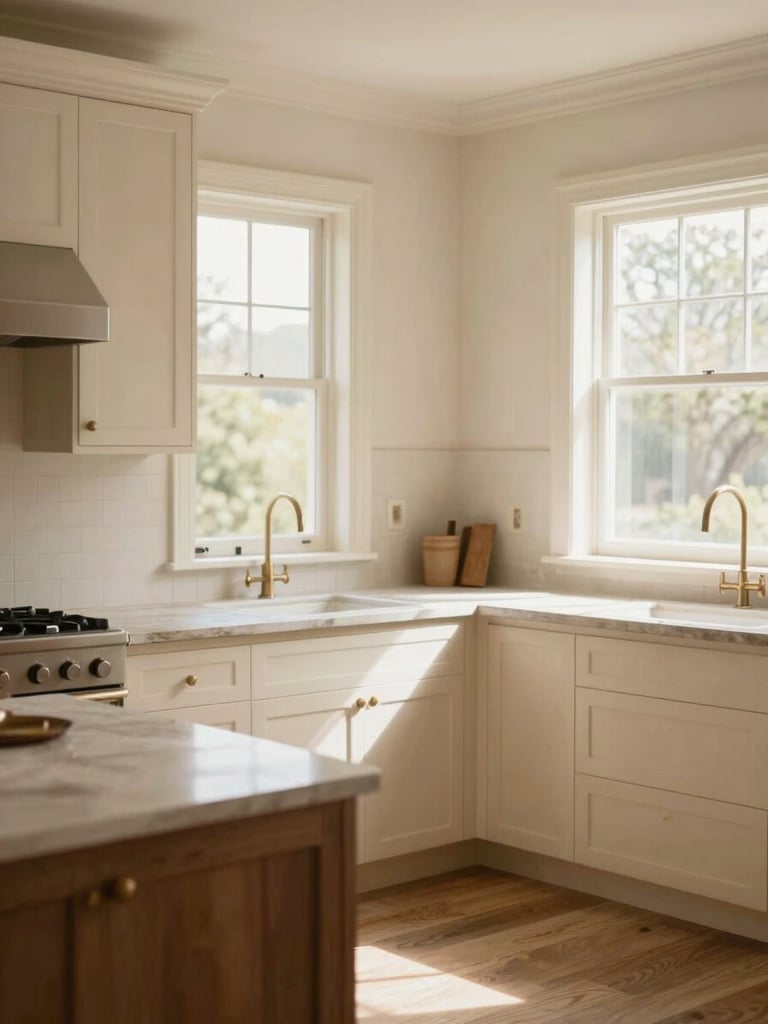 Wide environmental shot of a completed custom kitchen in a South African home, soft natural window light, rich cream and warm beige tones