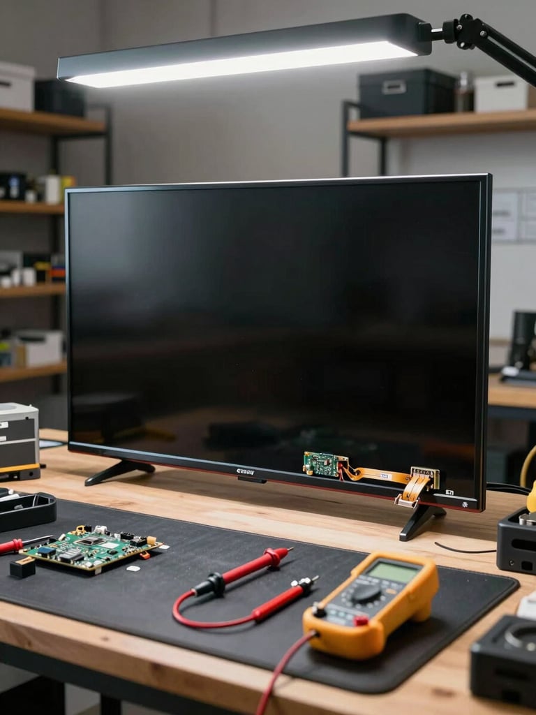 Medium shot of a full repair bench setup under overhead task lighting, a disassembled flat-screen TV with its rear casing removed exposing the main board and ribbon cables, a multimeter probe resting on a connector, tools arranged on a dark anti-static mat, workshop shelving with components visible in the background