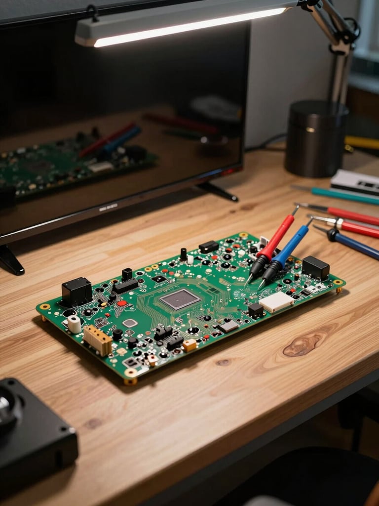 Medium shot of a repair workbench under overhead task lighting, a disassembled smart TV circuit board laid flat with diagnostic probes resting on it, tools arranged to the right side of the frame, warm ambient bench glow