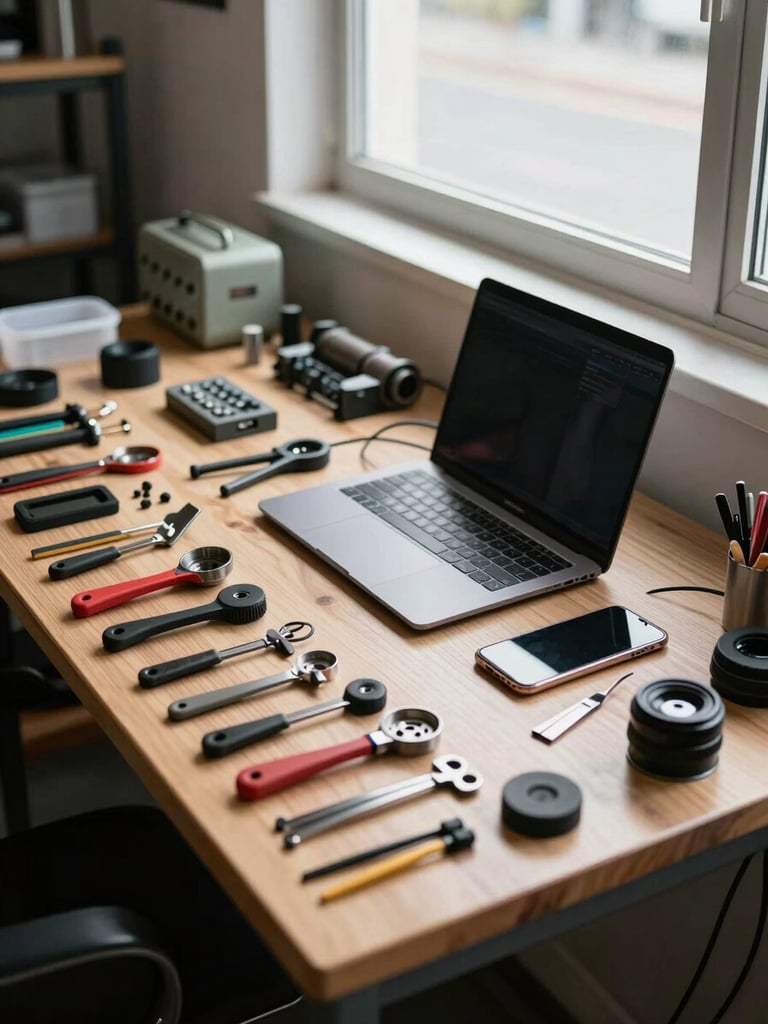 Wide shot of a tidy local tech repair workshop bench, tools organized in rows, a laptop open mid-repair with a phone beside it, overhead daylight from a window casting clean light across the workspace, no people visible