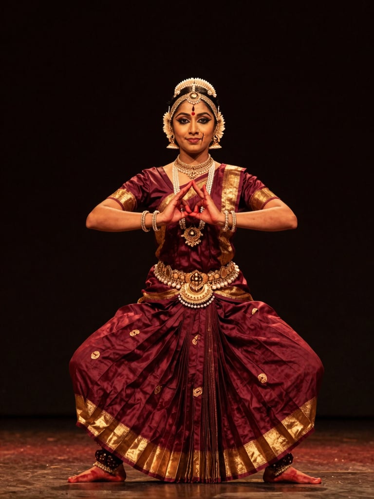 Dramatic stage photography, high-contrast warm spotlighting, deep maroon tones, sharp focus on a classical Indian dancer in a precise Araimandi posture, hands in Pataka mudra, 85mm