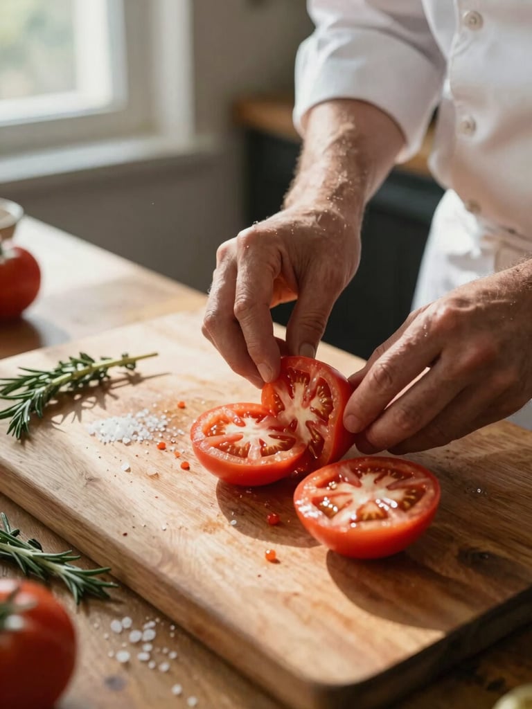 Close-up of a chef's hands arranging sliced heirloom tomatoes on a worn wooden counter at early morning, natural window light raking across the surface from the left, salt crystals and fresh herb stems visible nearby, warm documentary tone