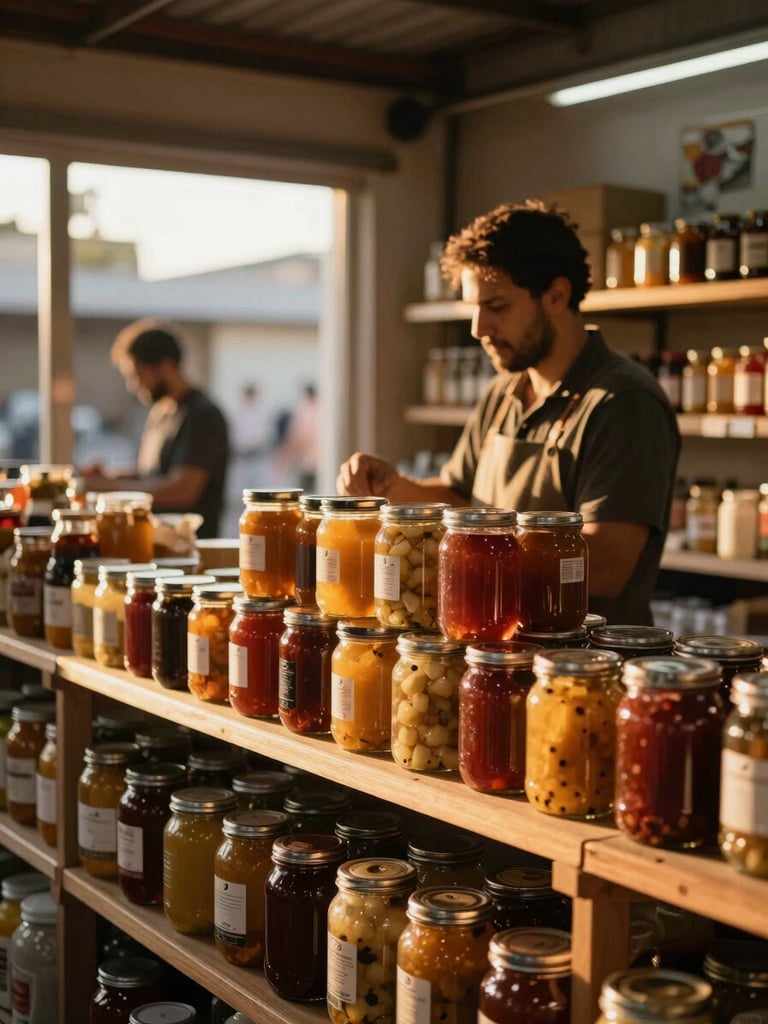 Wide environmental shot inside a small food market at golden hour, a producer stacking glass jars of preserved goods on a wooden shelf, warm amber light from a low window, the rest of the store softly out of focus behind them