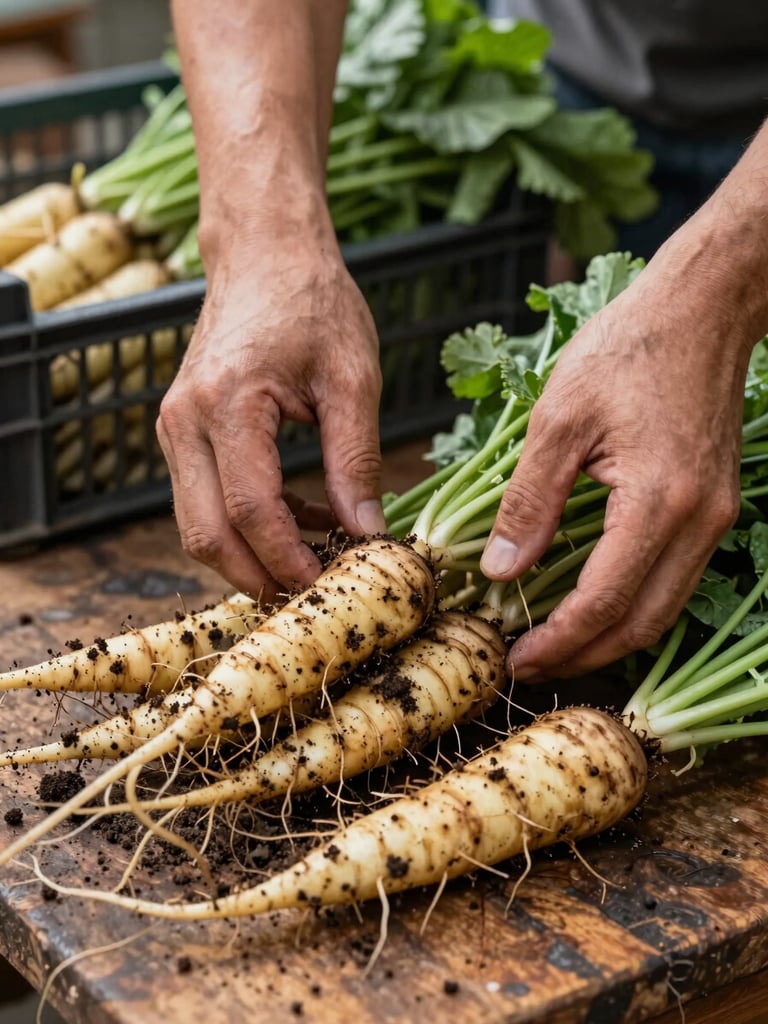 Close-up portrait framing of hands arranging freshly harvested root vegetables on a worn wooden market table, early morning outdoor light, soil still visible on the roots, a crate of greens blurred in the background