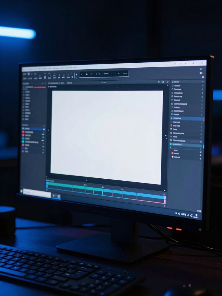 A close-up of a high-contrast 16:9 thumbnail mockup displayed on a professional editing monitor, electric blue neon ambient glow, dark studio background, 35mm photography