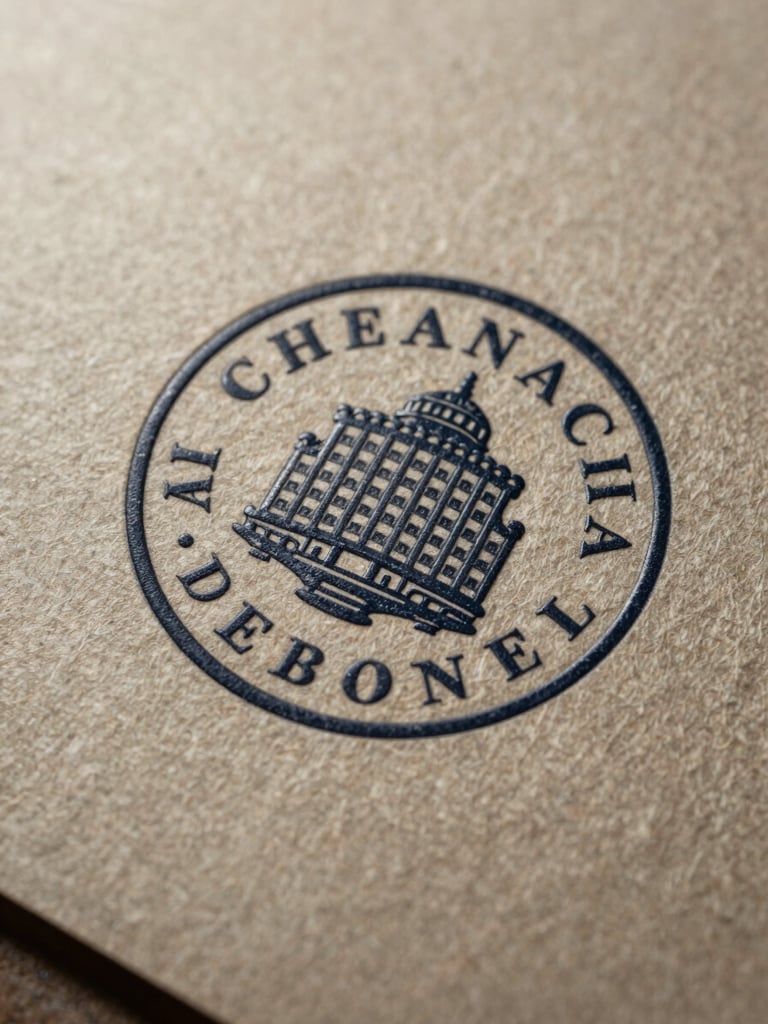 Extreme close-up of textured heavy paper and debossed corporate seal, low-contrast lighting, architectural precision
