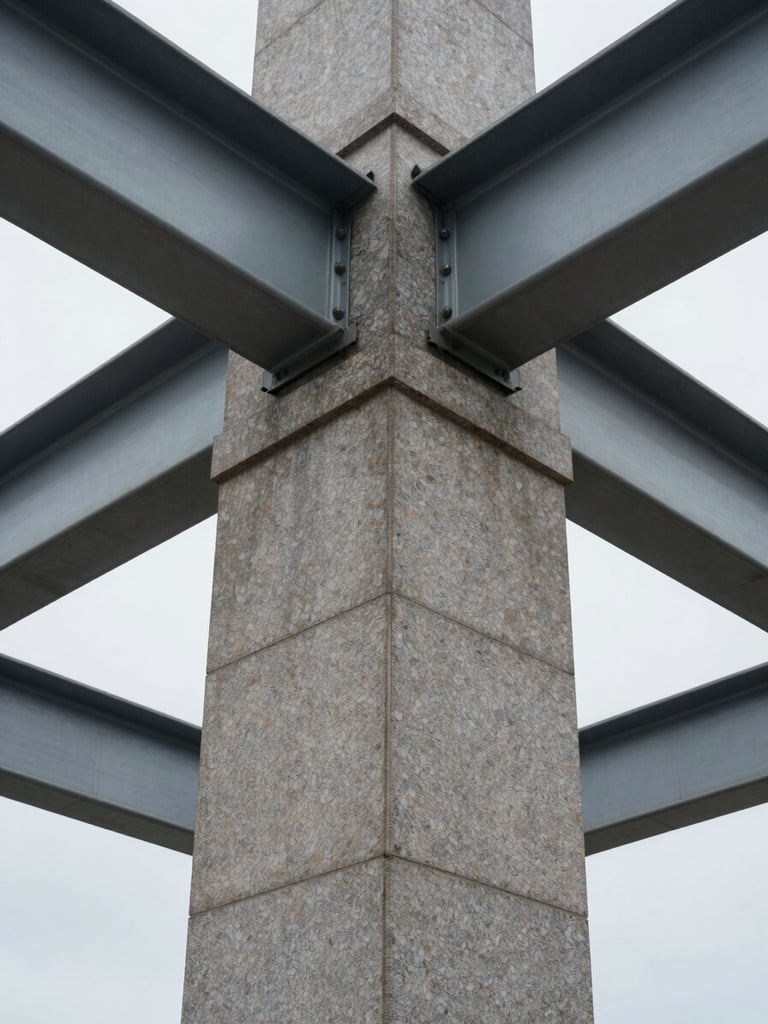 Symmetrical architectural close-up of a granite pillar and steel beams, overcast daylight, sharp structural lines.